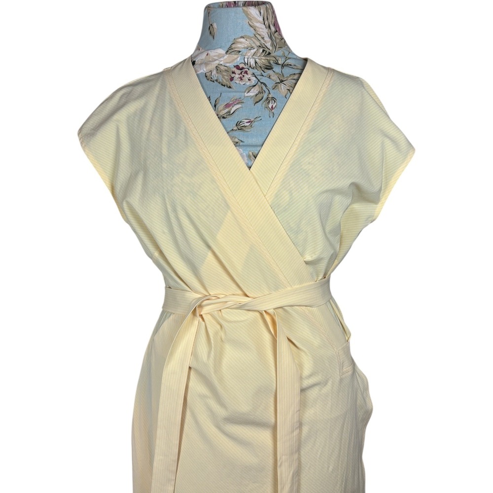 Athleta Newport Wrap Dress Yellow Pinstripe Short Sleeve Belted Midi Athletic L - Picture 3 of 9